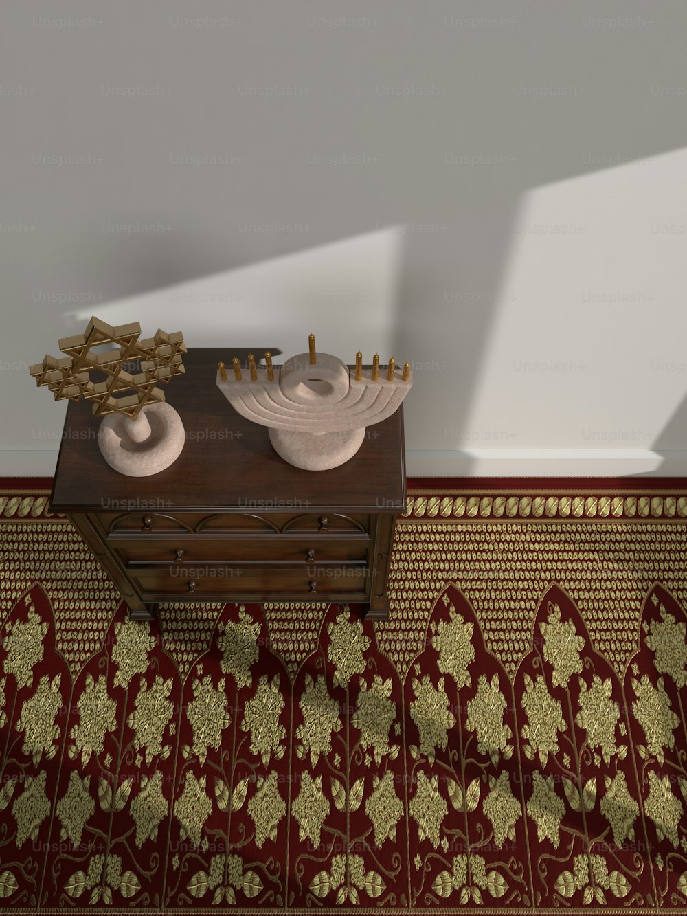 uma sala com um tapete e uma mesa com duas tigelas sobre ele