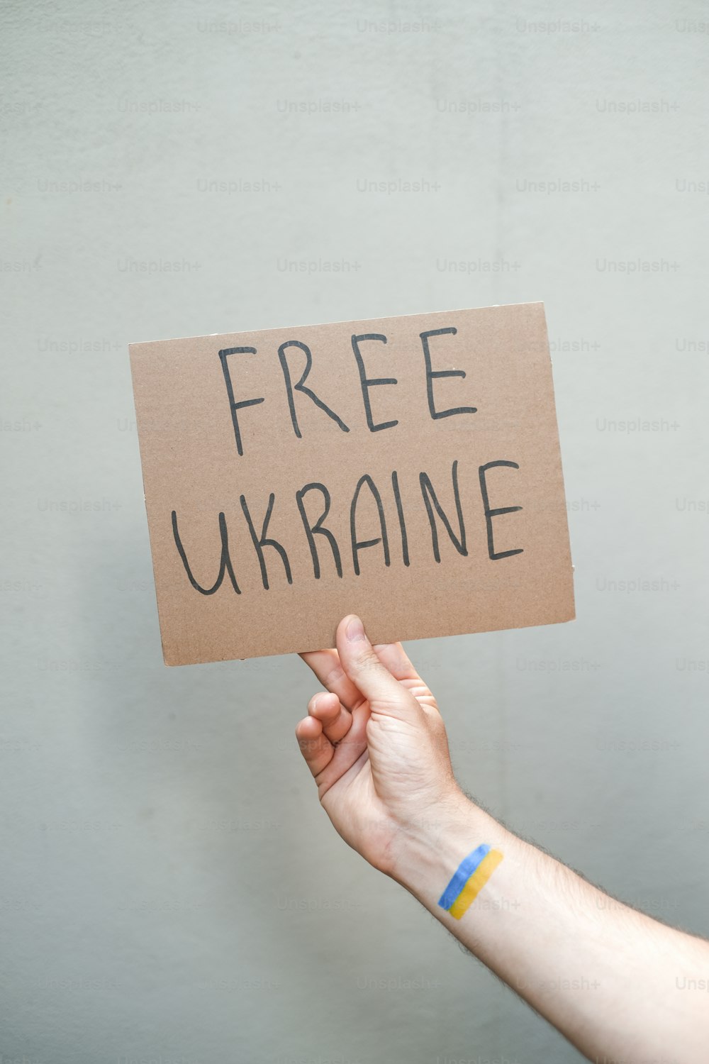 Eine Person, die ein Schild mit der Aufschrift "Freie Ukraine" hält