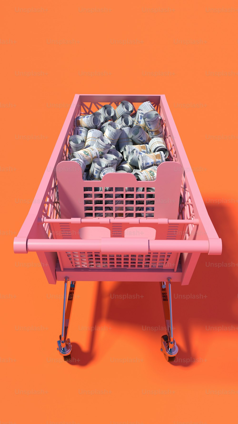 a pink cart filled with lots of money