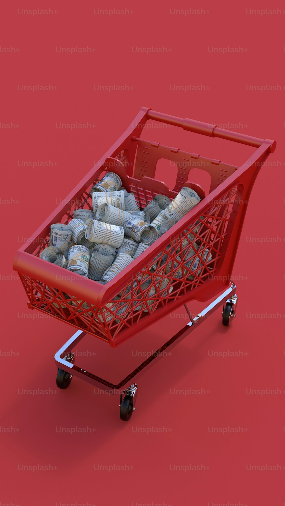 ein roter Einkaufswagen, gefüllt mit silbernen Gegenständen