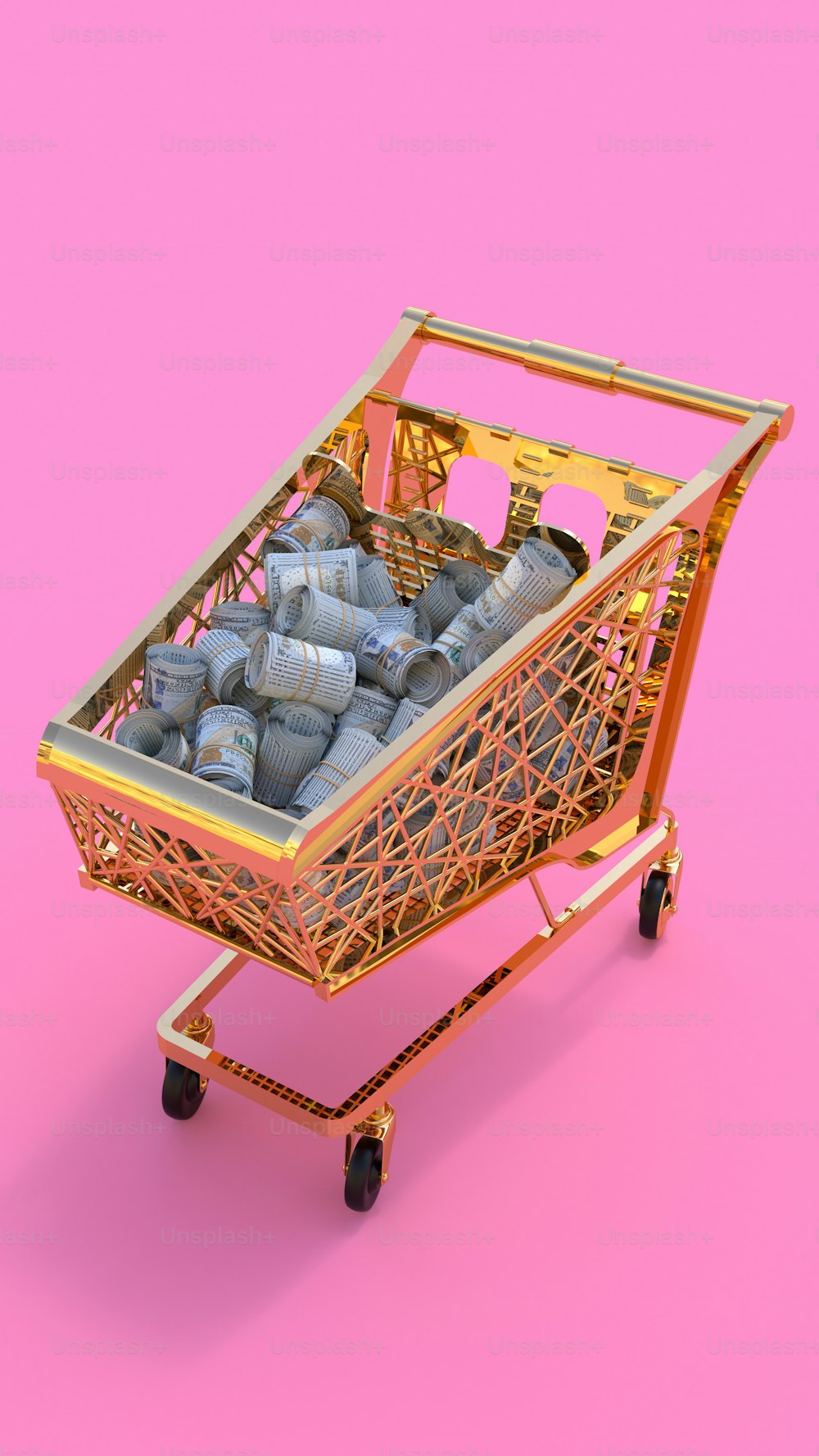 ein Einkaufswagen gefüllt mit silbernen Gegenständen auf rosafarbenem Hintergrund