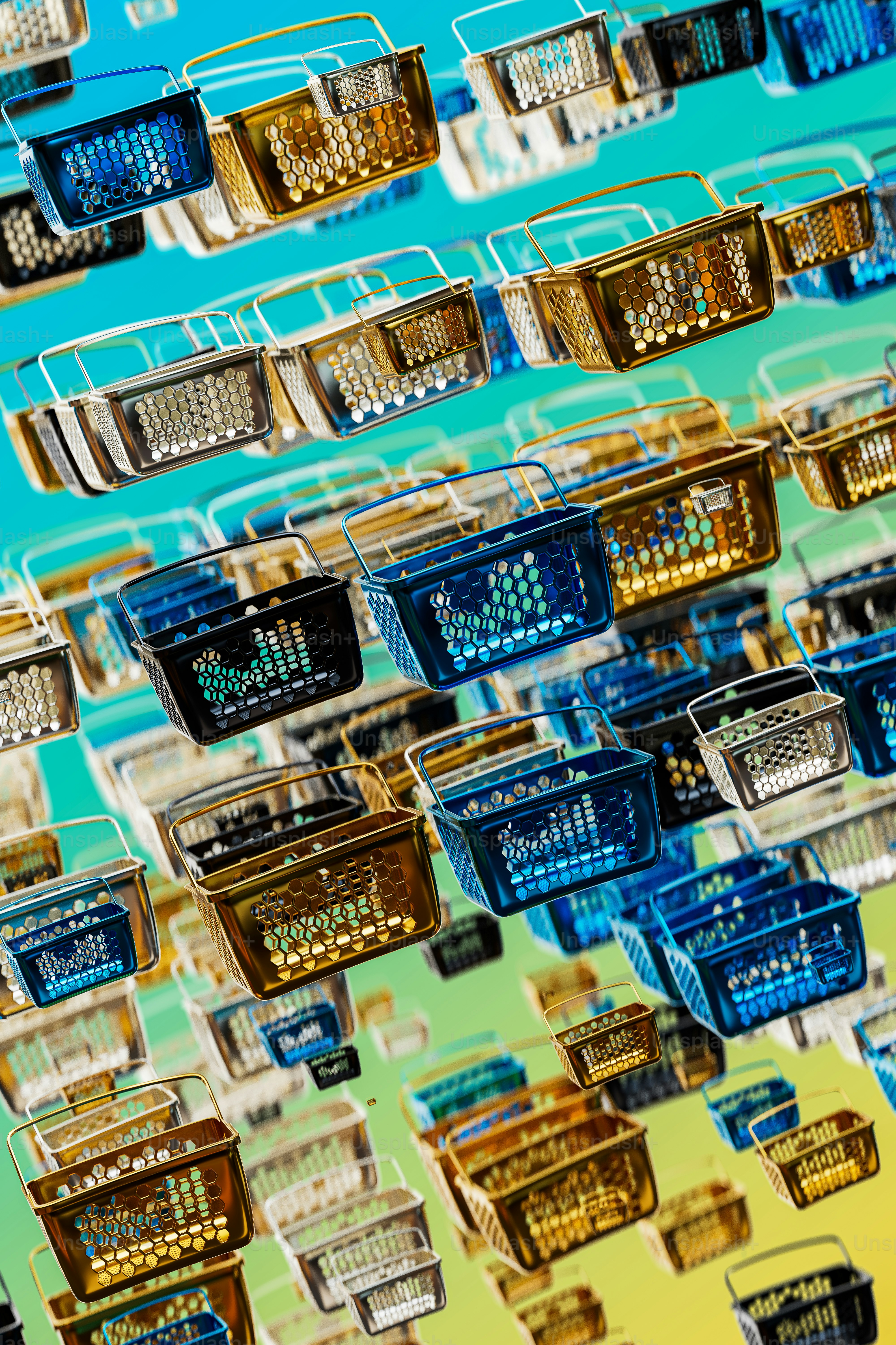 a bunch of baskets are hanging on a wall