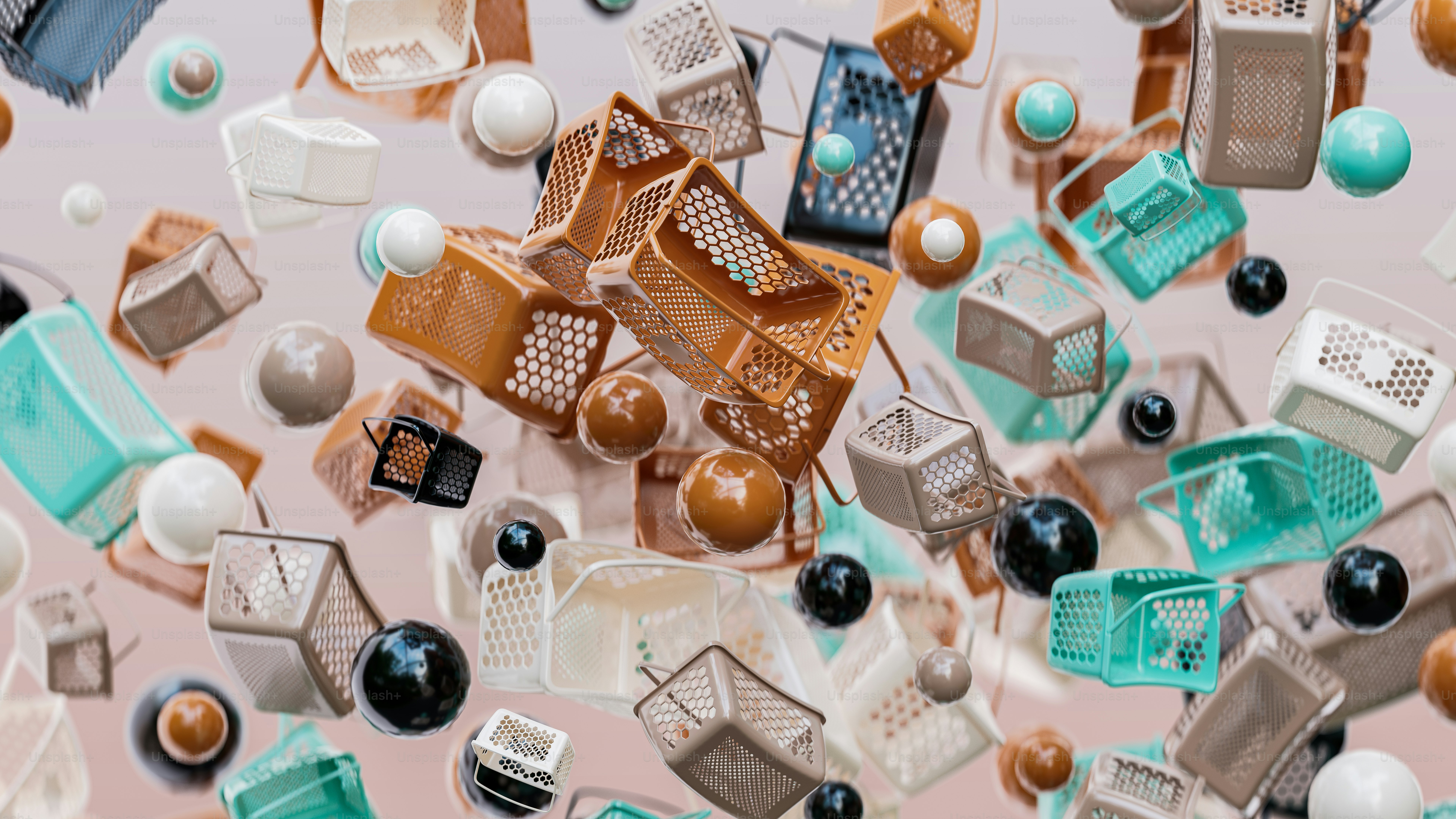 a bunch of chairs and tables that are floating in the air