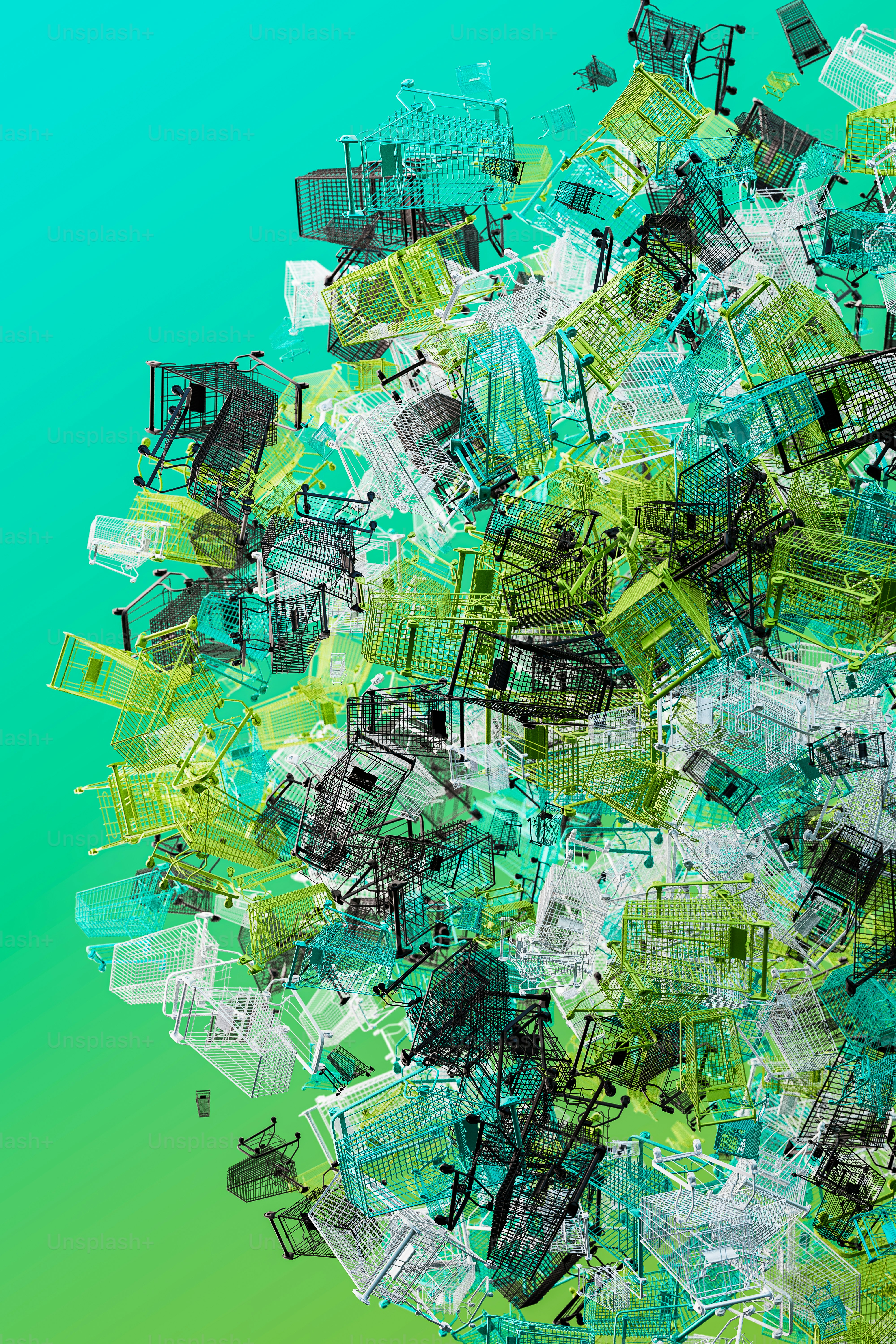 a large pile of green and blue objects