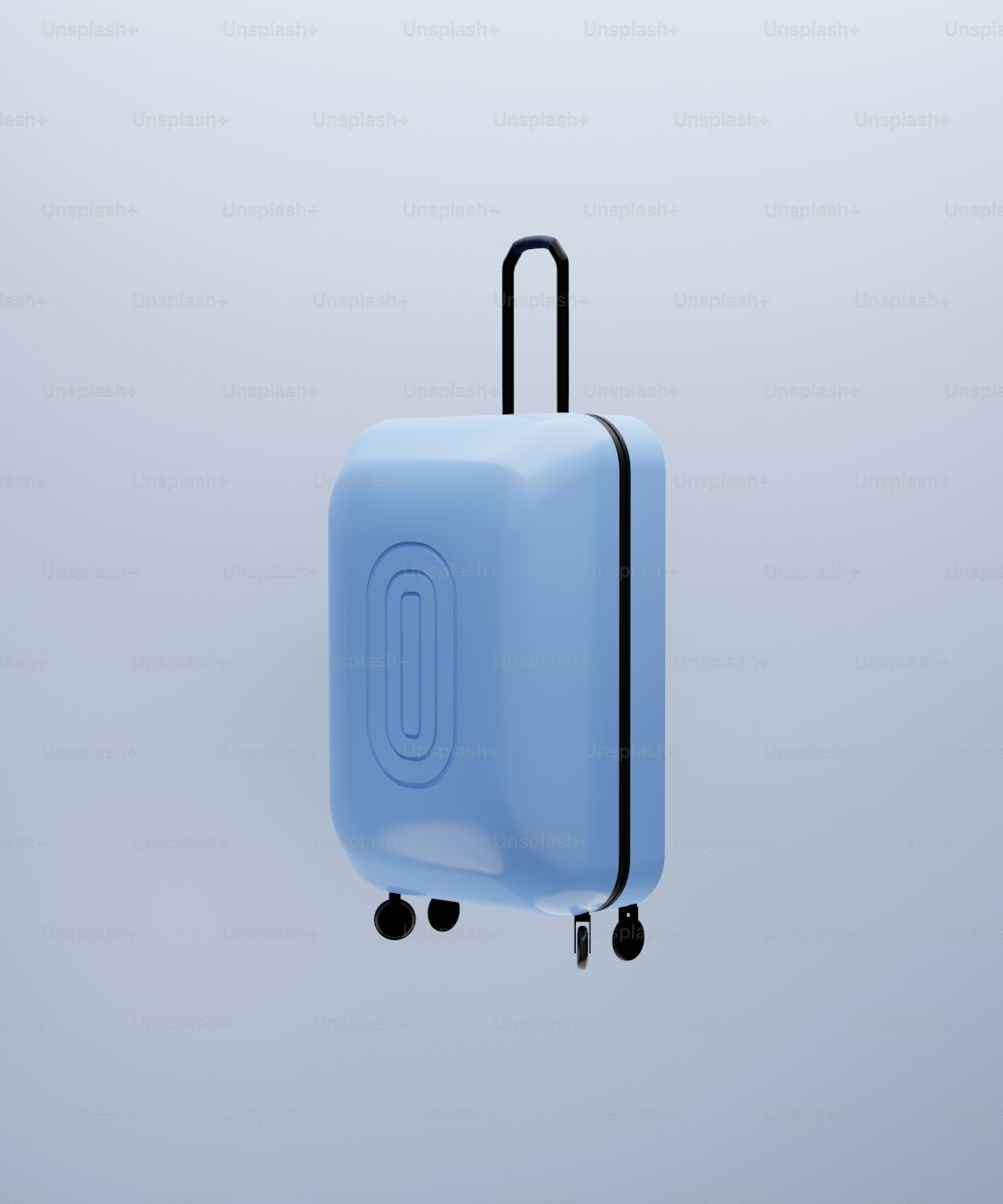 uma peça azul de bagagem voando pelo ar