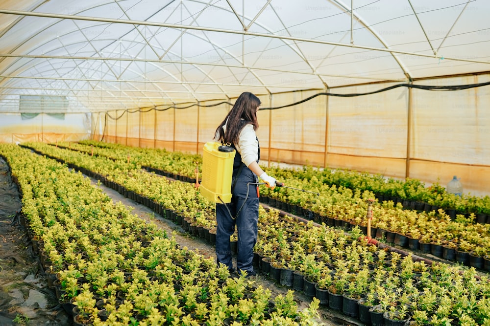a woman in a greenhouse carrying a yellow container