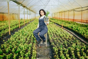 a woman holding a potted plant in a greenhouse