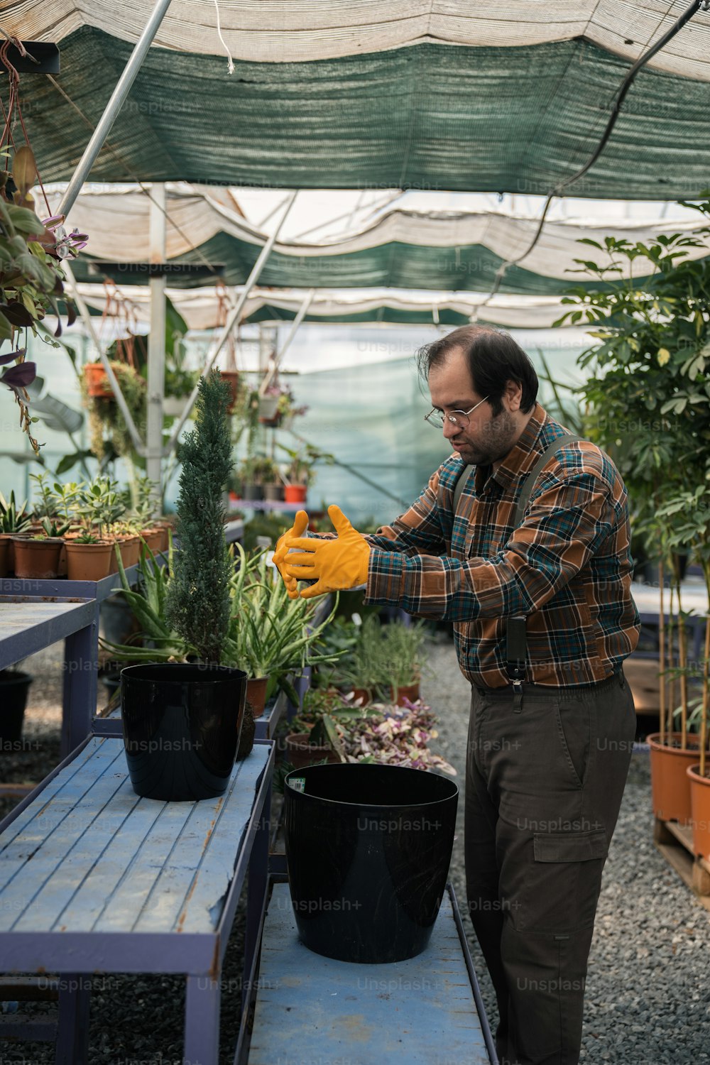 Un hombre está trabajando en un centro de jardinería