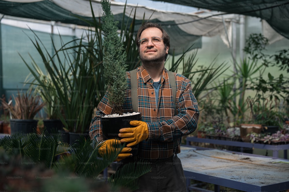 Un hombre sosteniendo una planta en maceta en un invernadero
