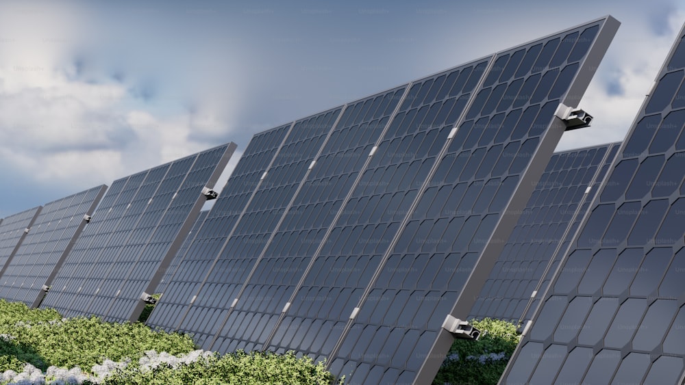 a row of solar panels sitting on top of a lush green field