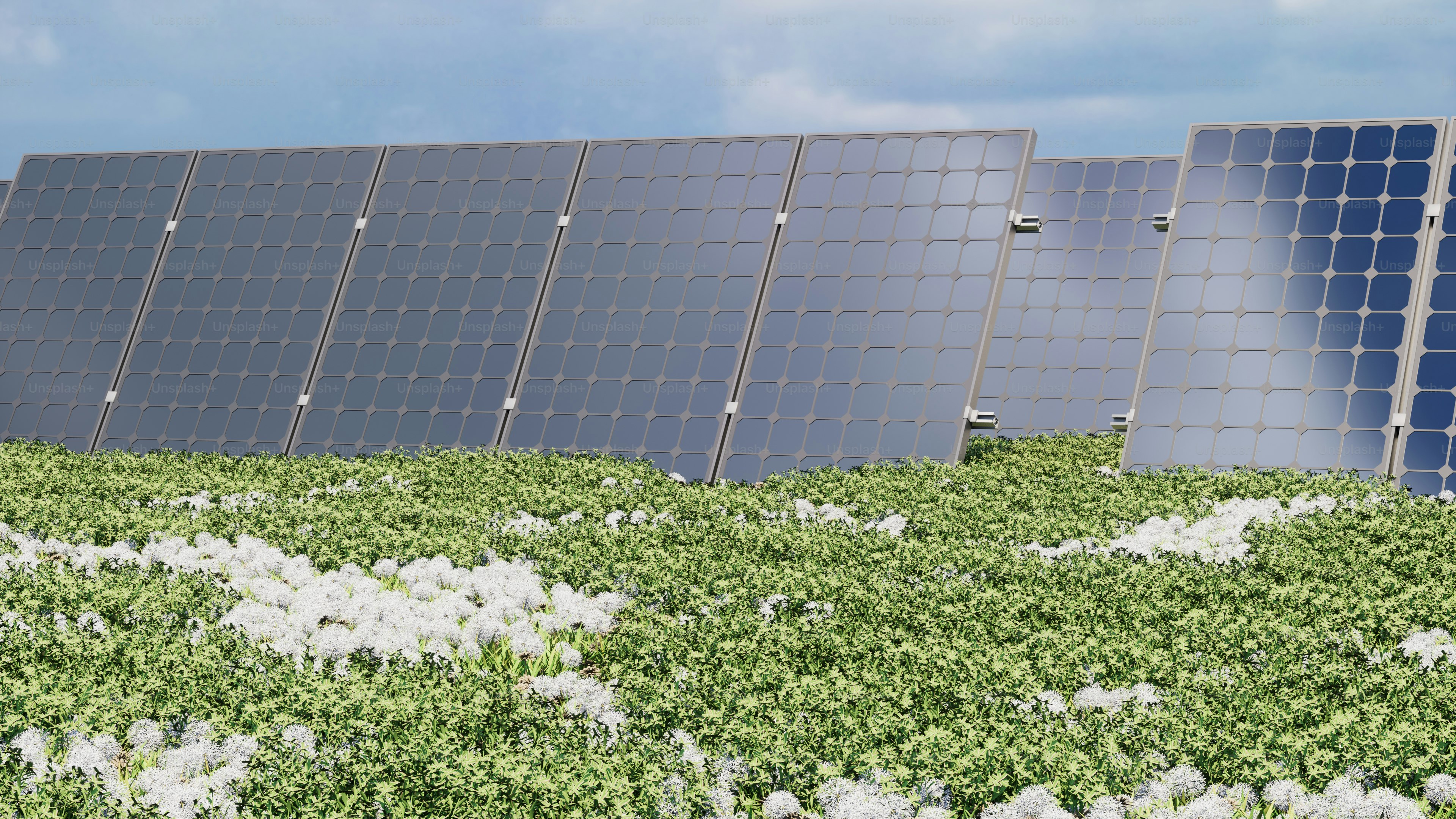 a row of solar panels on top of a green field