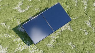 an overhead view of a blue object in the grass
