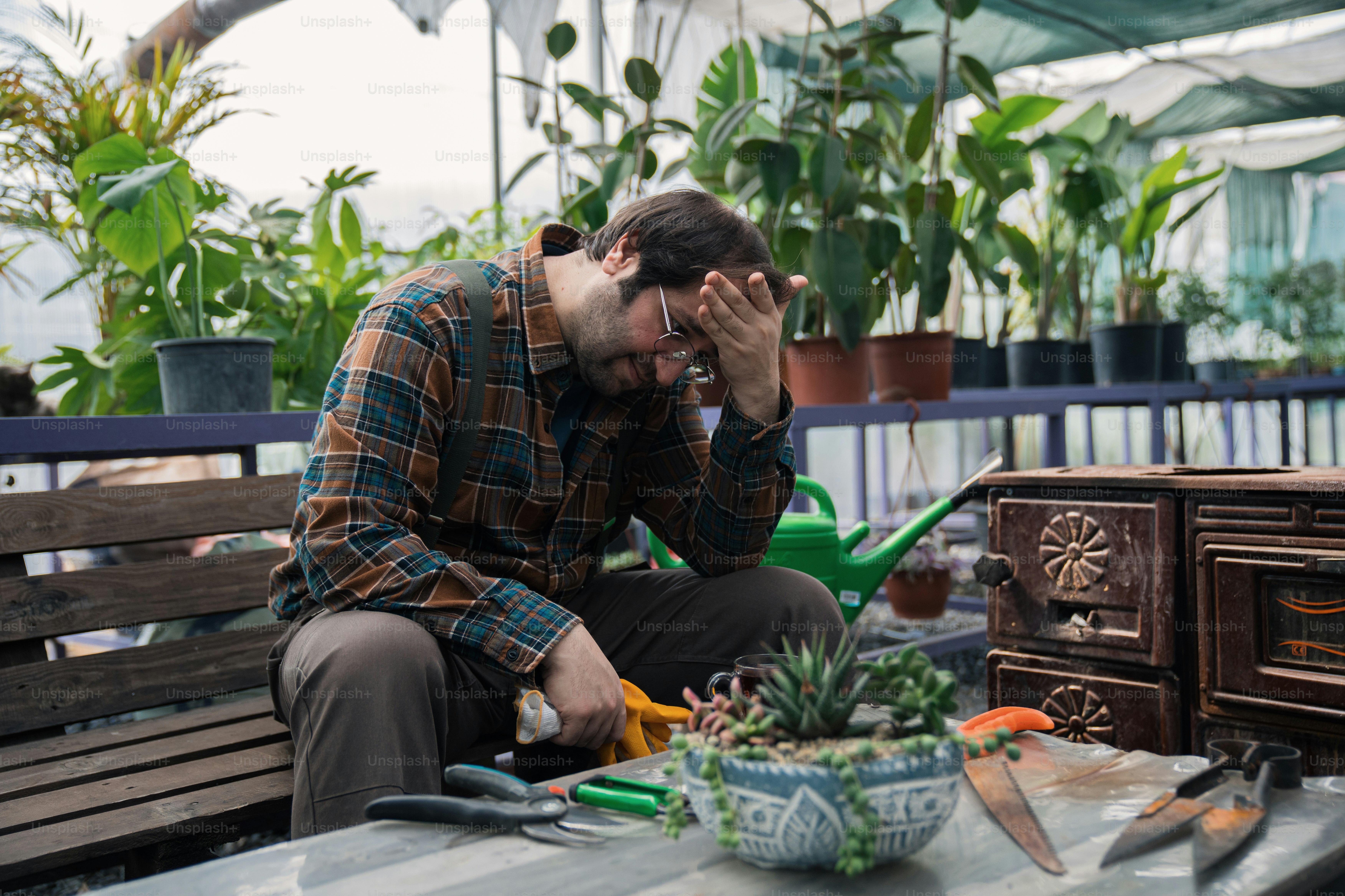 a man sitting on a bench next to a potted plant