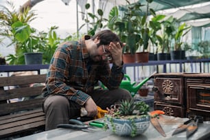 a man sitting on a bench next to a potted plant