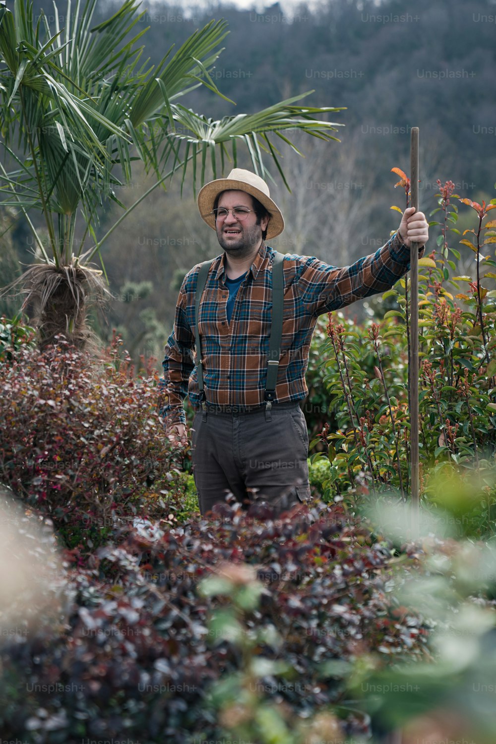 a man standing in a garden holding a stick