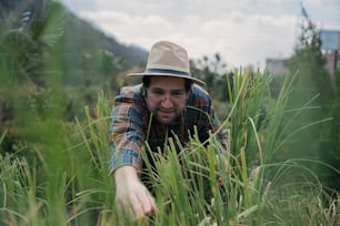Ein Mann in kariertem Hemd und Hut im hohen Gras