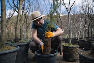 a man in a hat and gloves is planting a tree