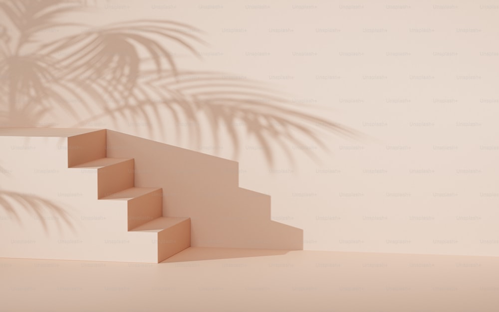a white stair case with a shadow of a palm tree