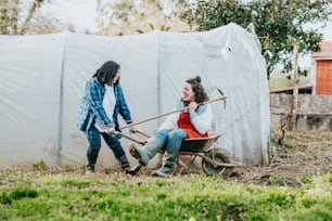two girls pushing a wheelbarrow in a yard