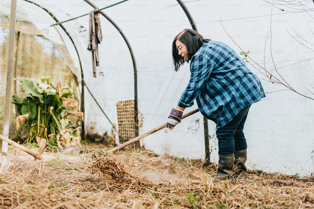 a woman in a plaid shirt is shoveling through a pile of hay