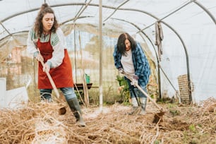 two women are working in a small greenhouse