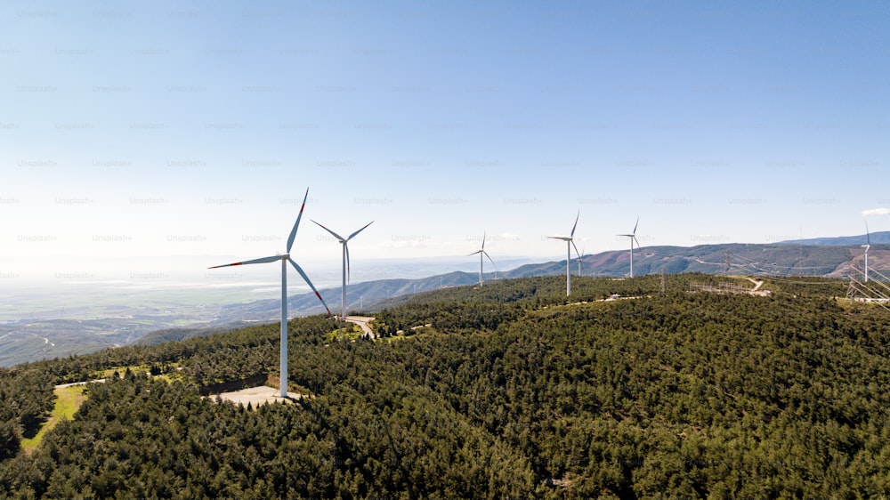 a group of wind turbines on top of a hill