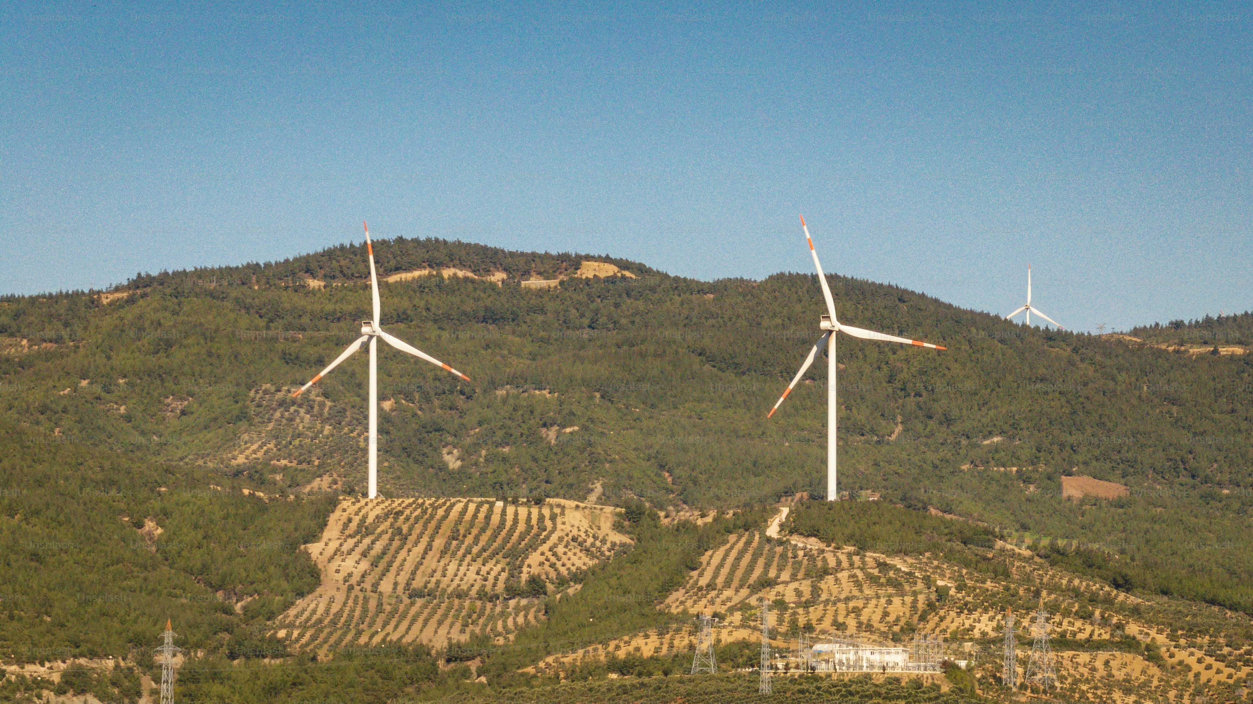 Un grupo de aerogeneradores en la cima de una colina