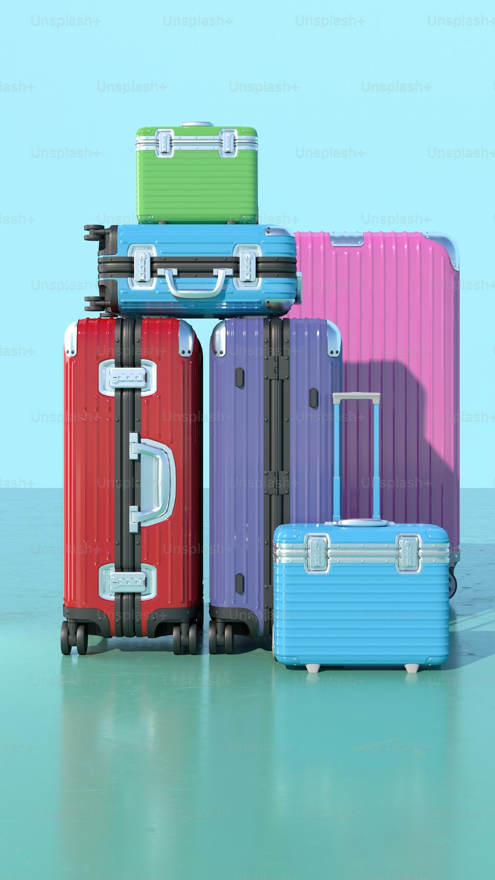 a group of suitcases stacked on top of each other