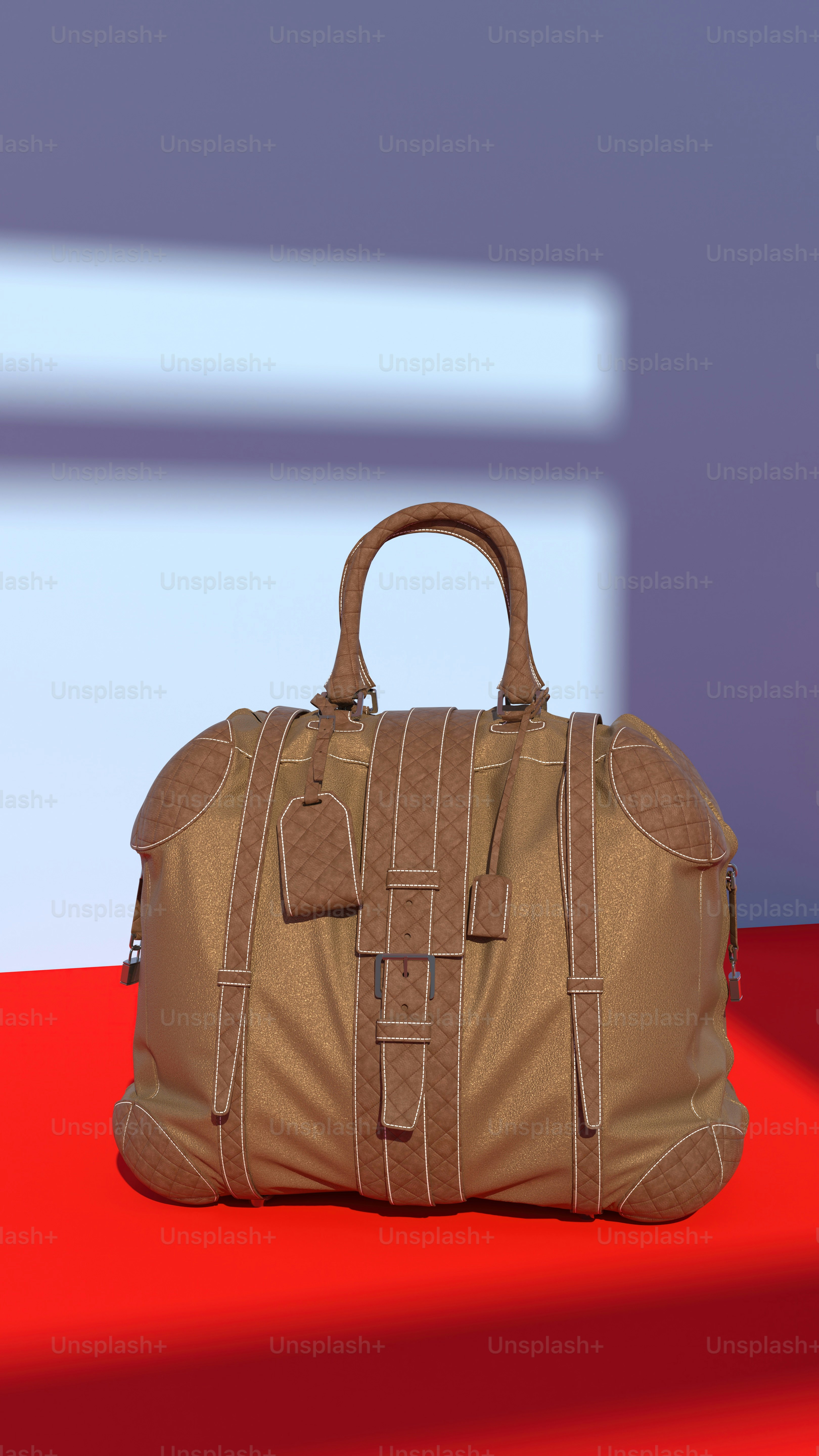 a brown bag sitting on top of a red floor