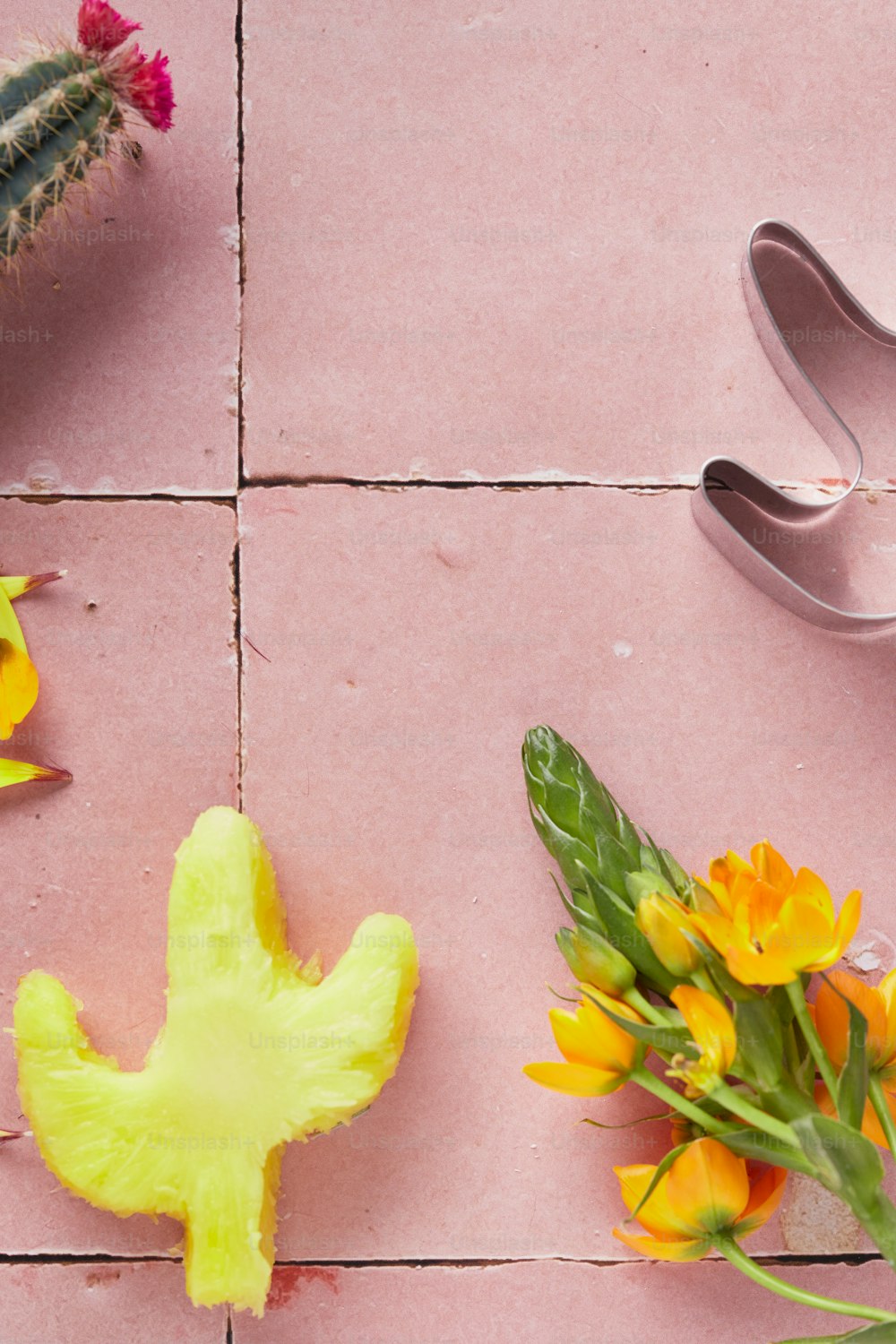 a pair of scissors and some flowers on a tile floor