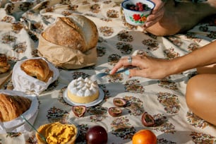 a person sitting on a blanket with a plate of food