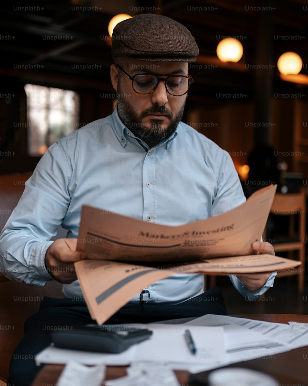 a man sitting at a table reading a piece of paper