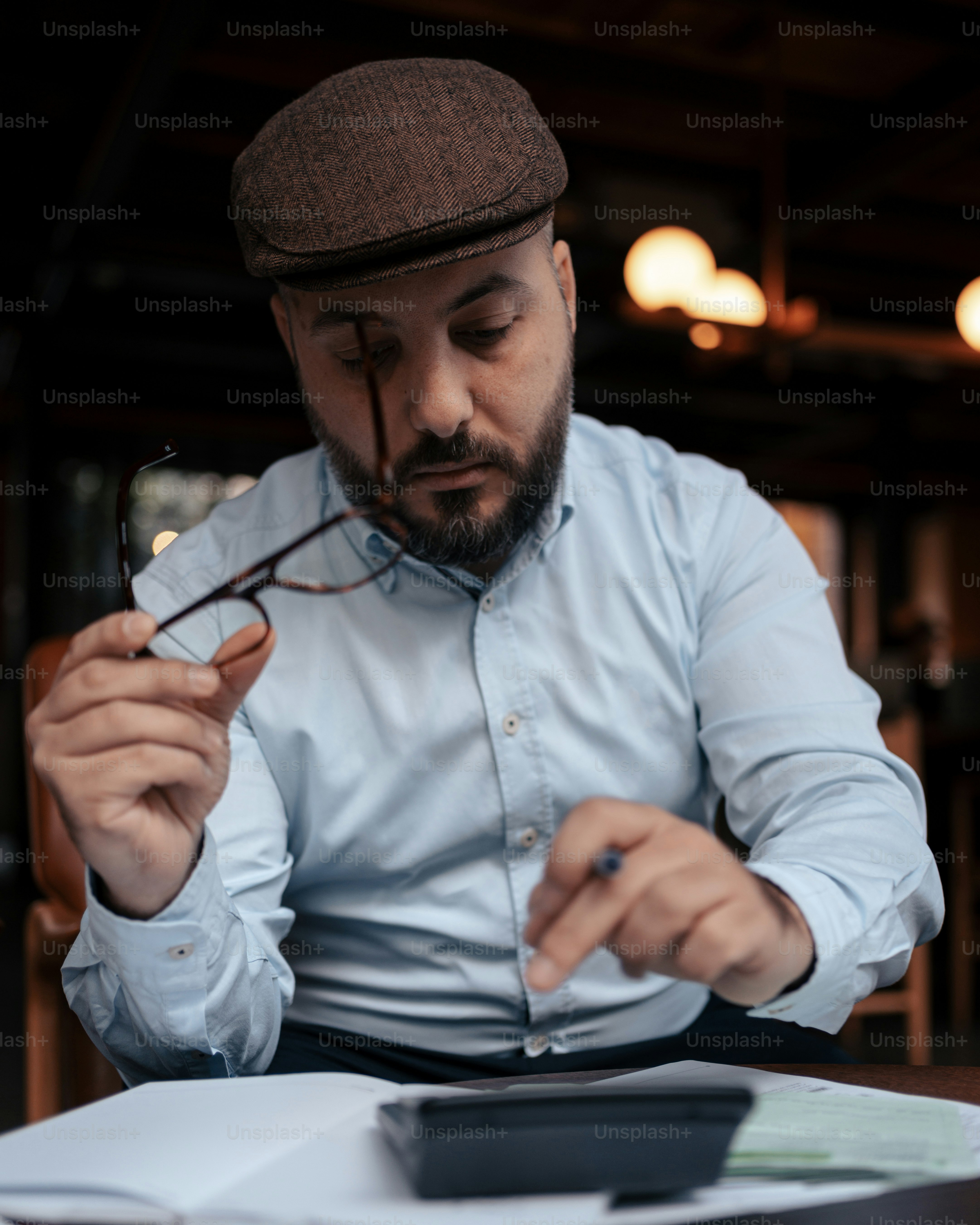 Un homme assis à une table regardant à travers une paire de lunettes
