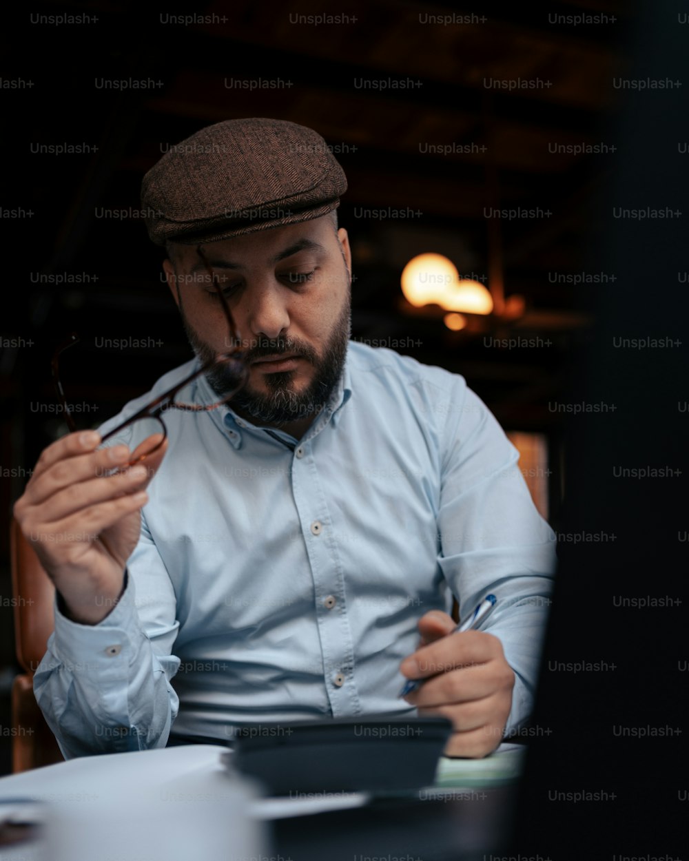 Un homme assis à une table avec un stylo dans la bouche