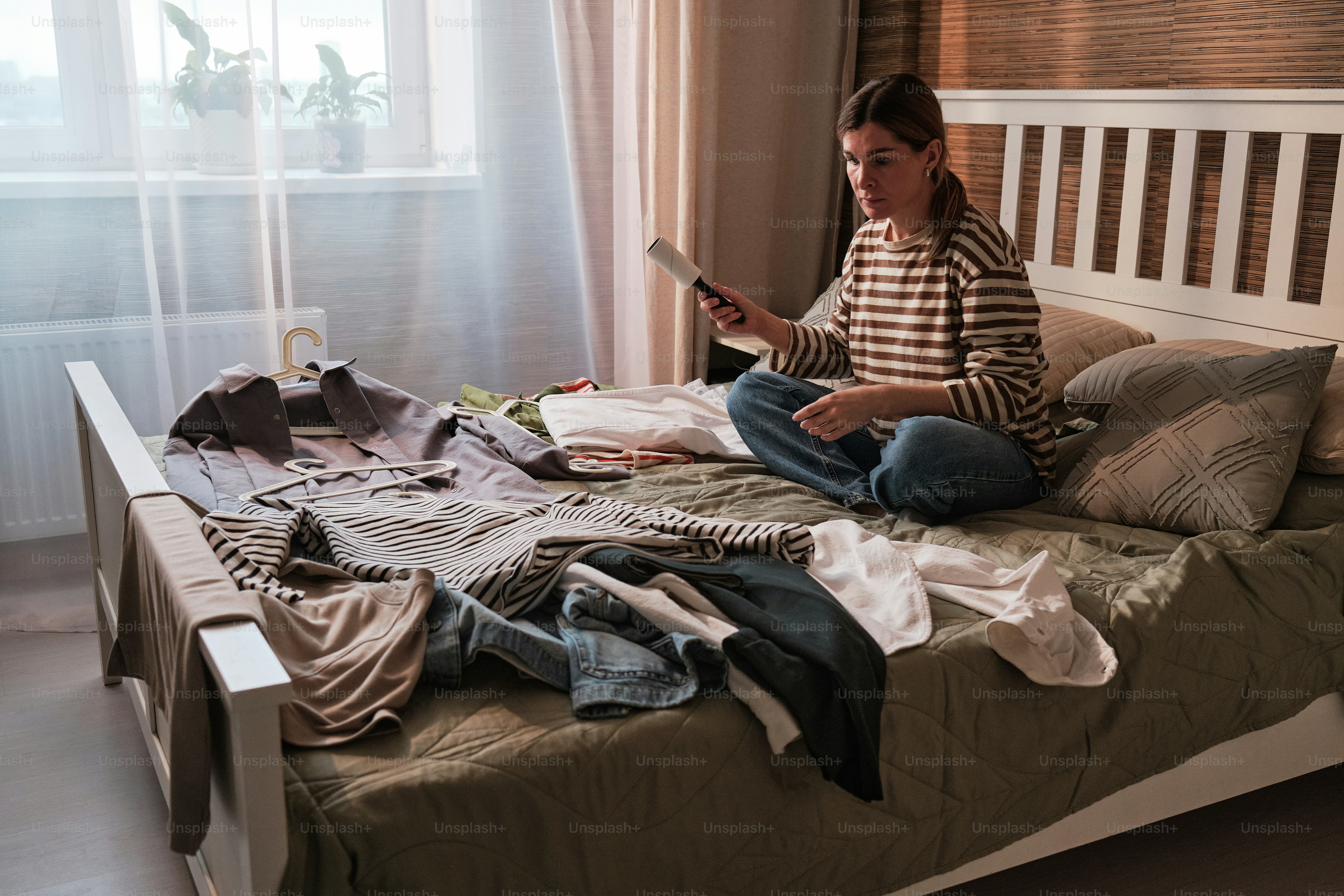 a woman sitting on a bed with clothes on it
