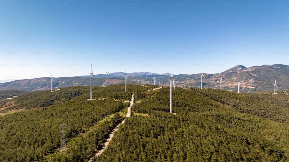 a group of wind turbines on a hill