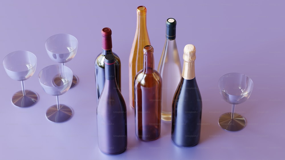 a group of wine bottles and wine glasses