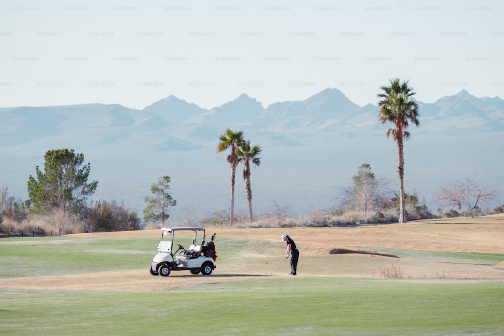 une voiturette de golf et une personne sur un terrain de golf