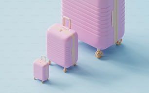Tre pezzi di bagaglio rosa su uno sfondo blu