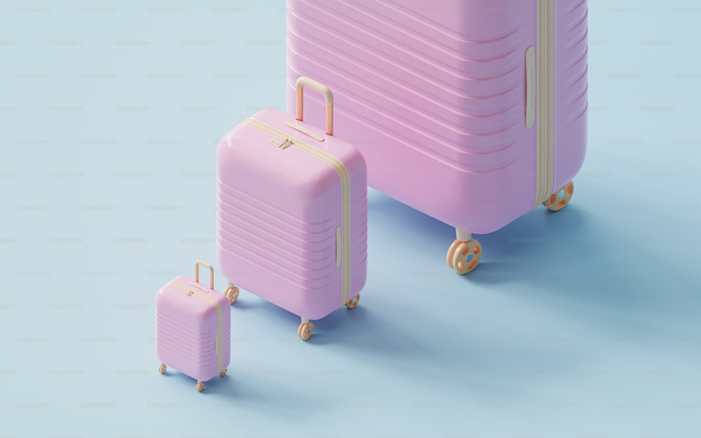 Trois bagages roses sur fond bleu