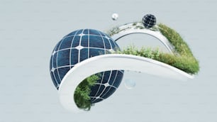 a blue and white globe with grass on top of it