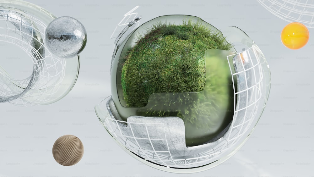 Un objet futuriste avec de l’herbe à l’intérieur