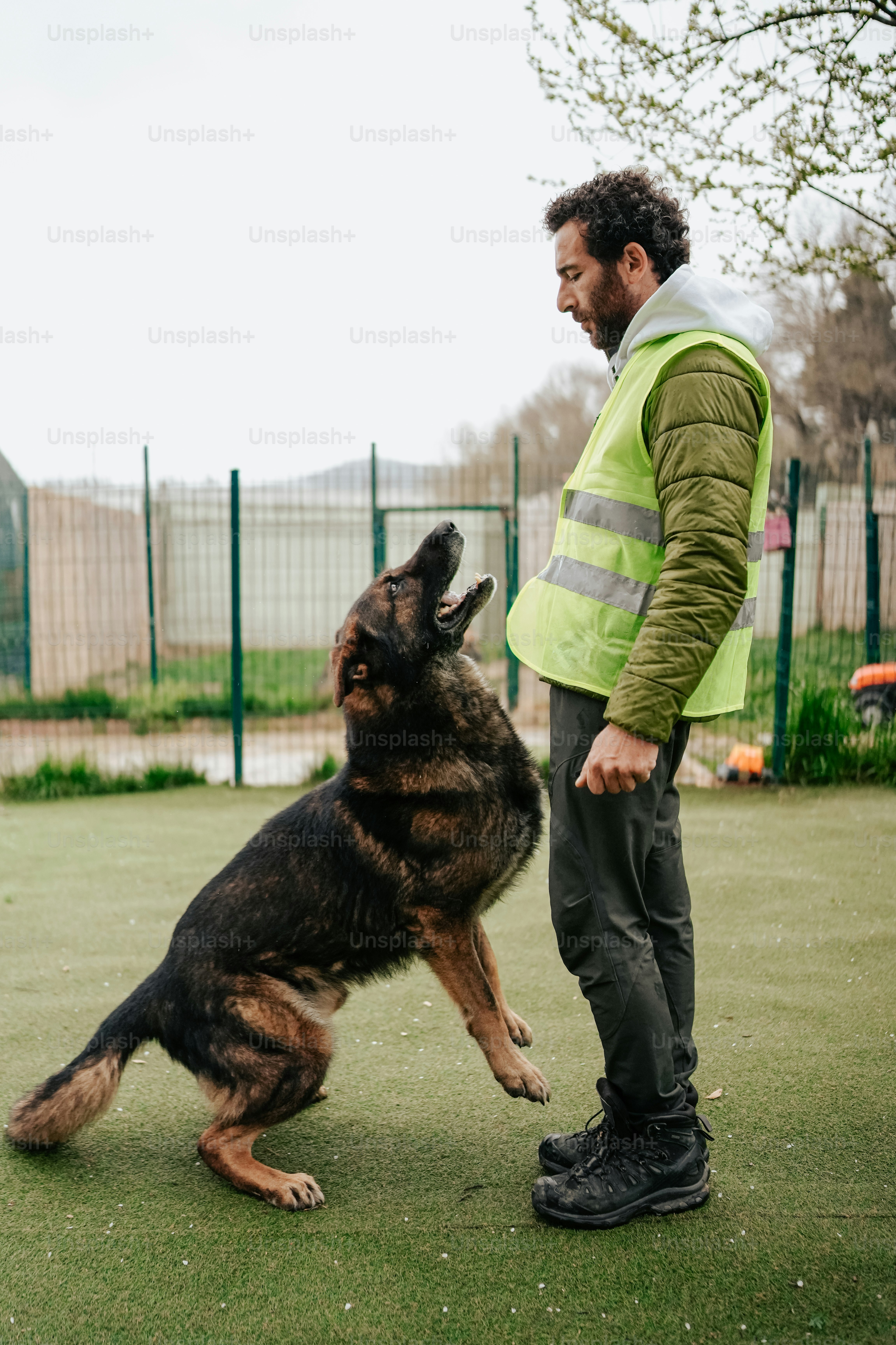 a man standing next to a black and brown dog