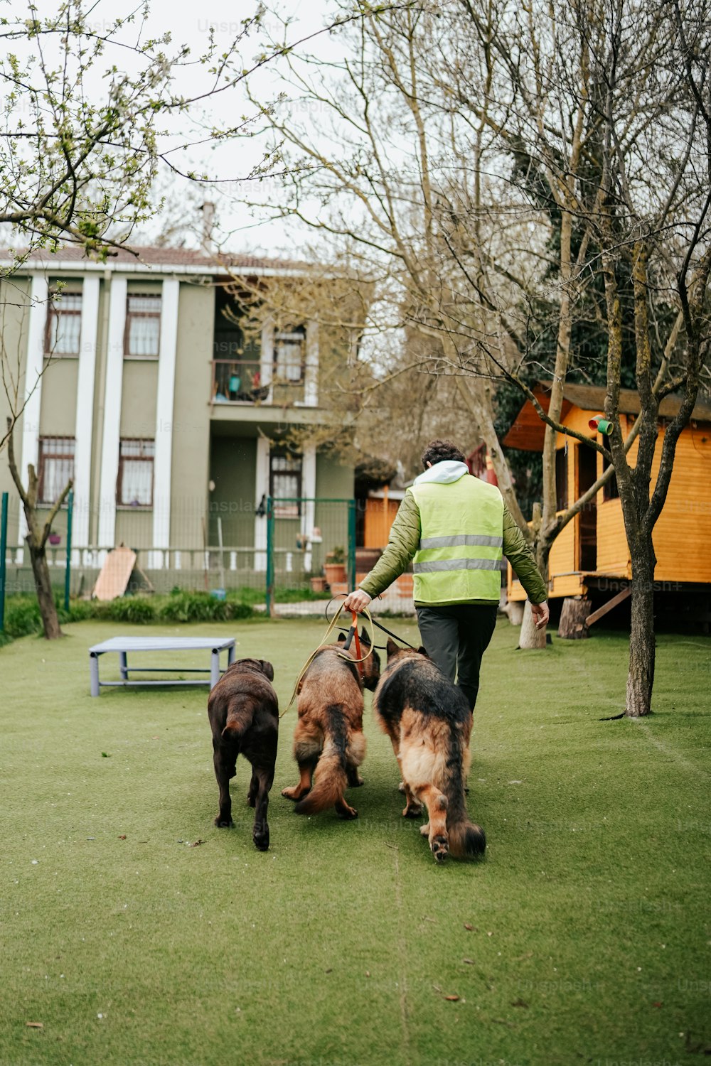 Un hombre paseando a dos perros con una correa