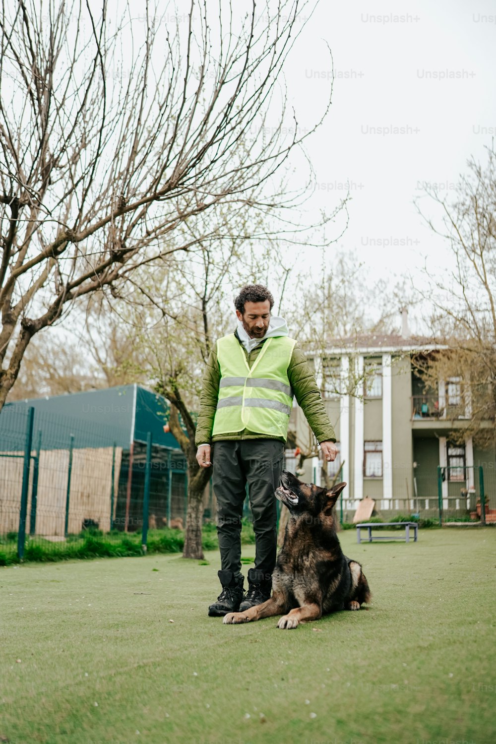 a man standing next to a dog on a lush green field