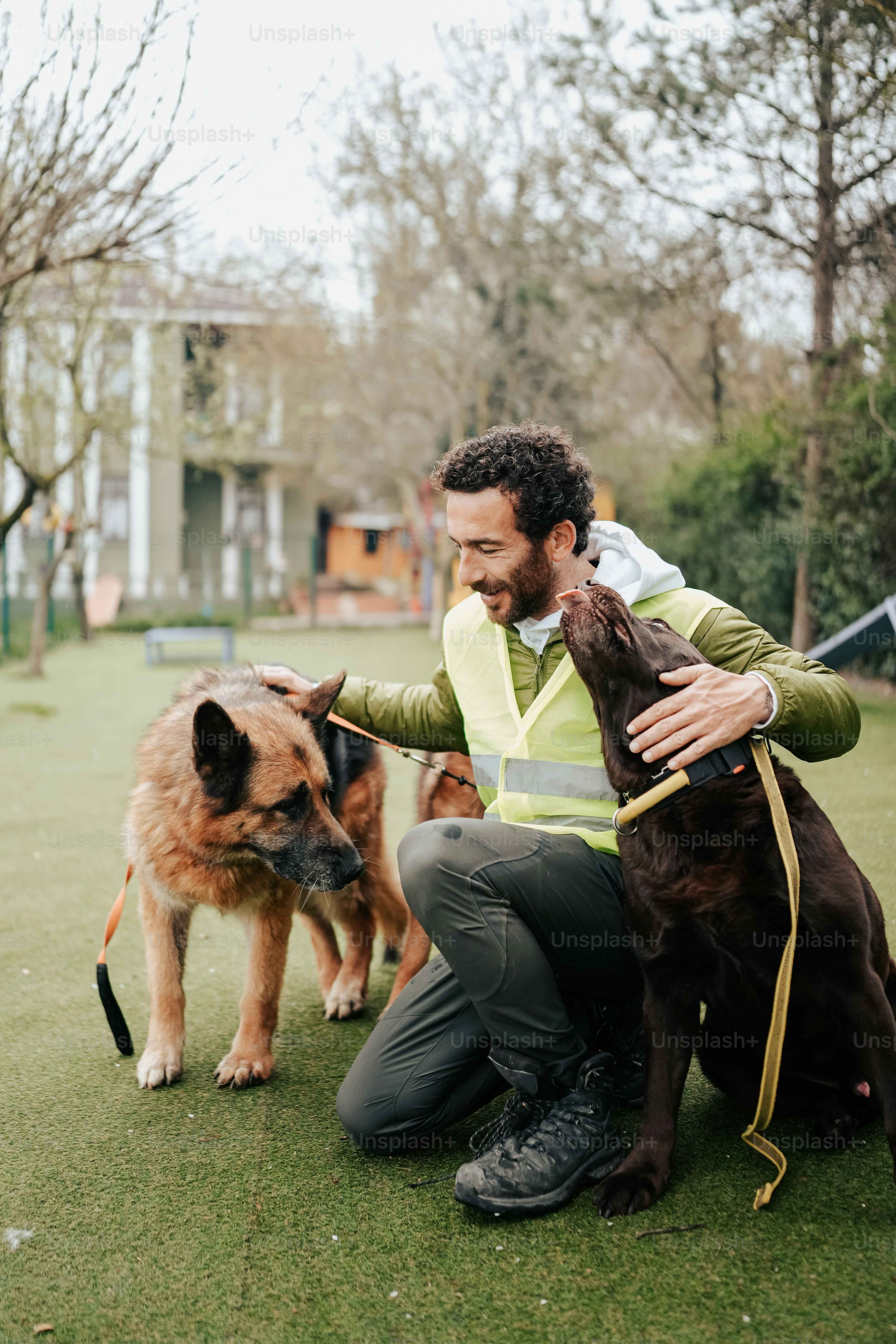 A man kneeling down next to a brown dog photo – Dog Image on Unsplash