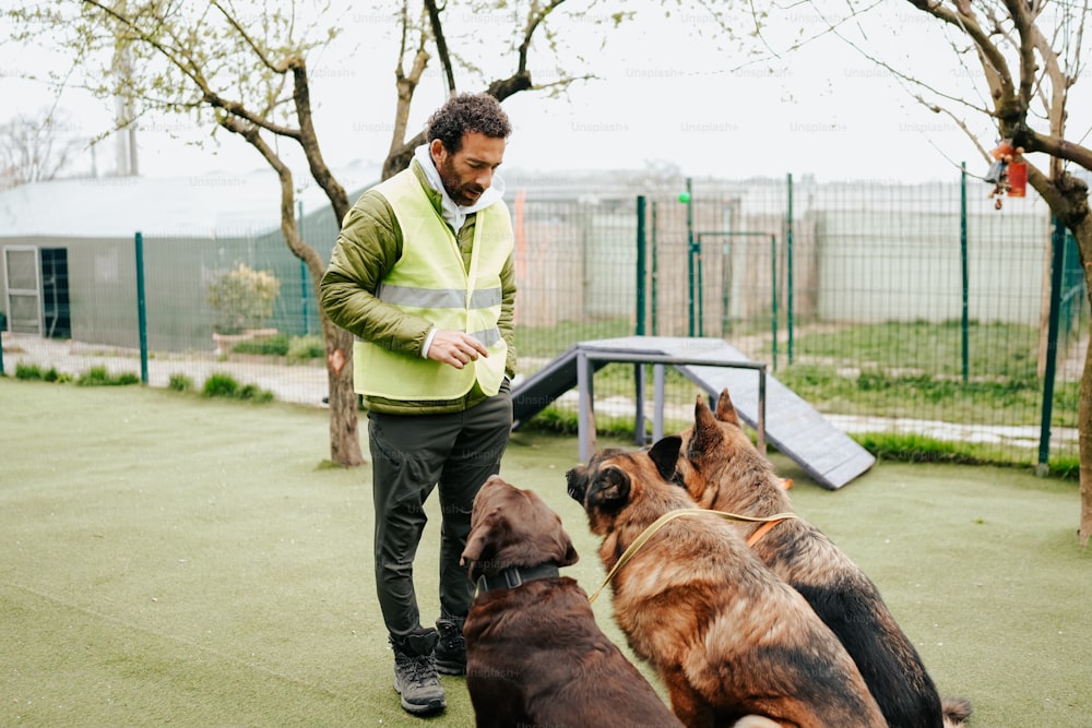 a man standing next to a group of dogs