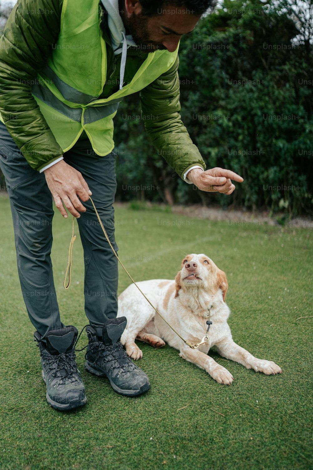 a man in a green jacket petting a brown and white dog