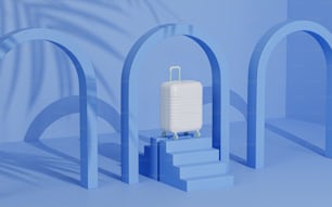 Una pieza blanca de equipaje sentada encima de una plataforma azul