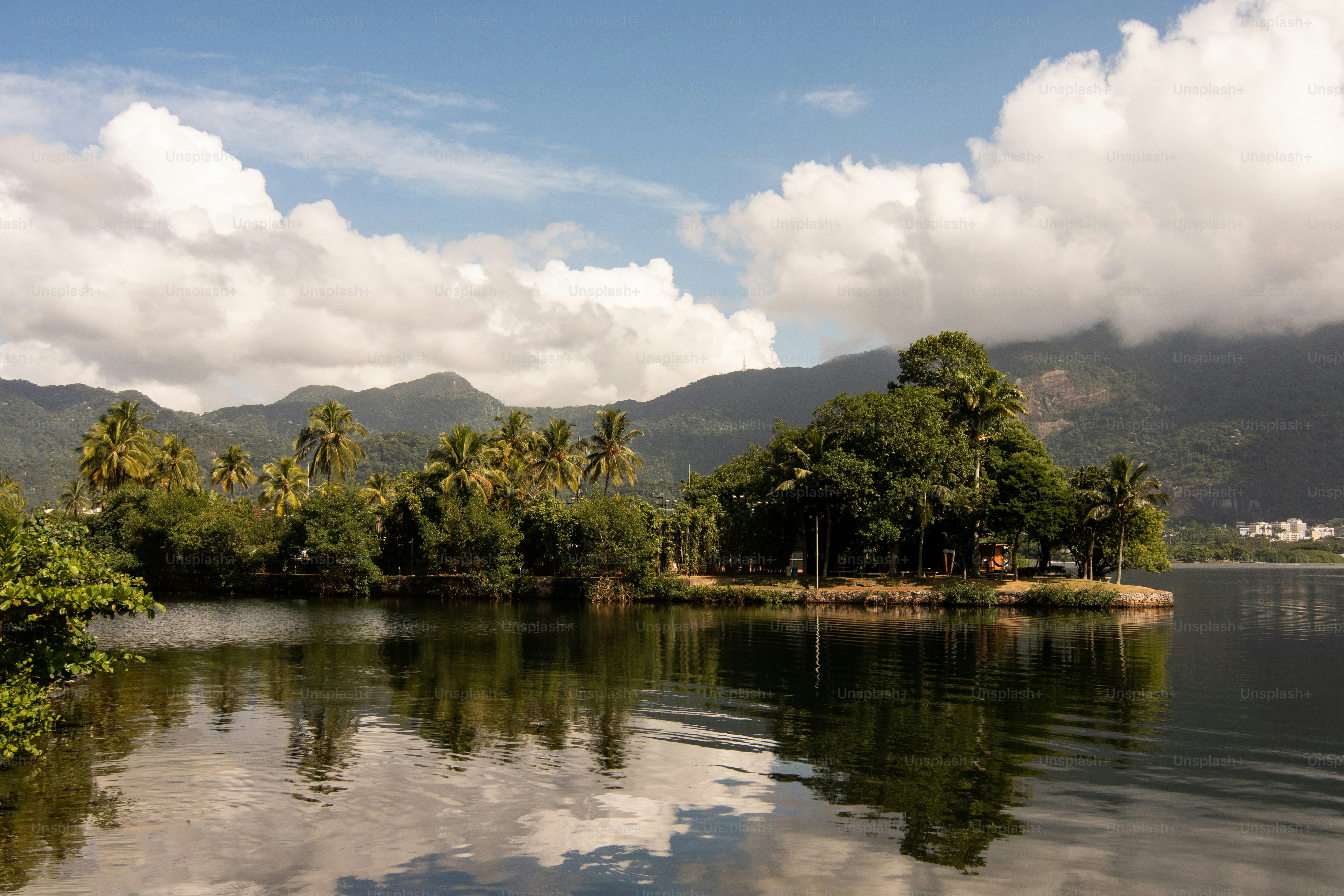 uno specchio d'acqua circondato da alberi e montagne